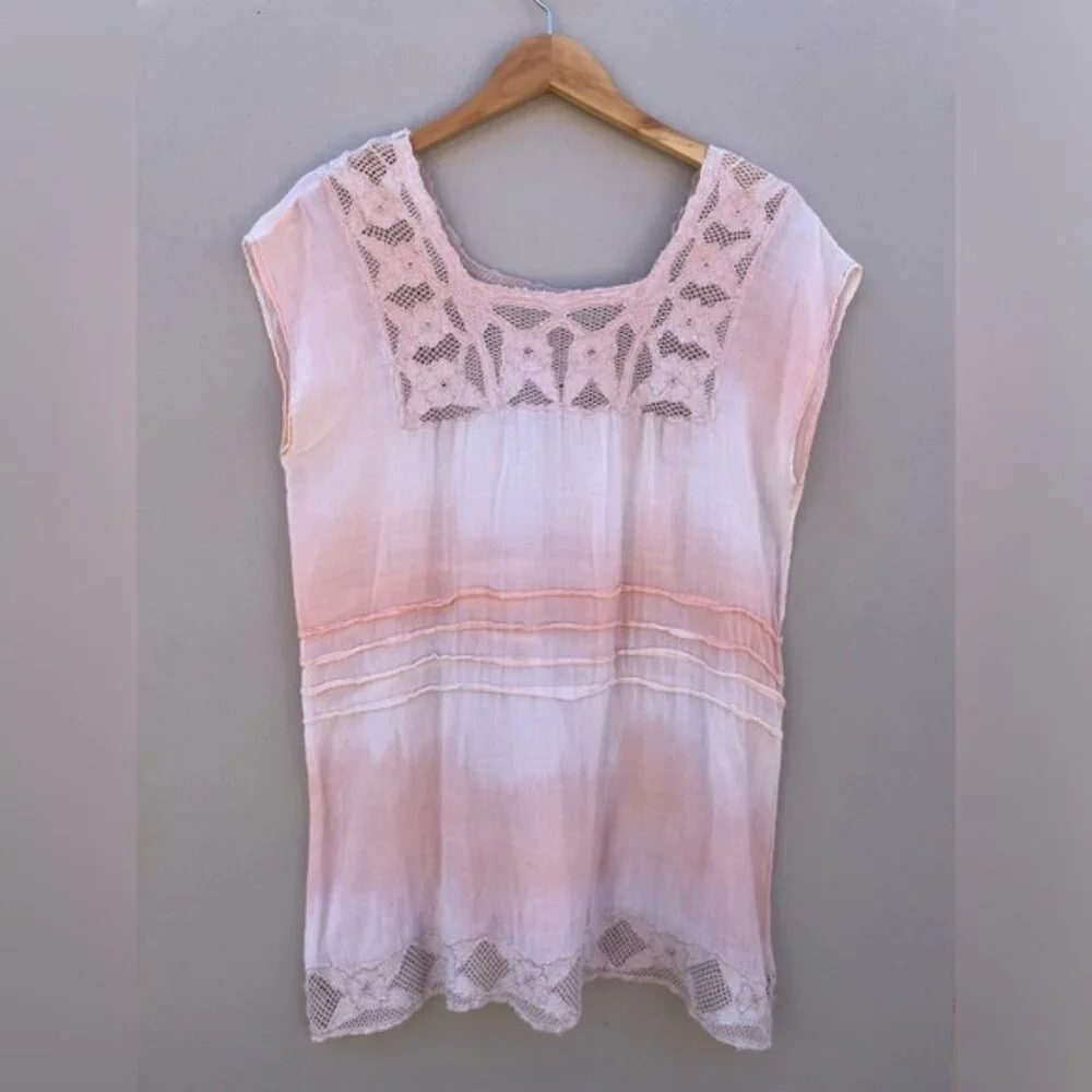 Free People Women's Peach Ombre Boho Crochet Lace Hippie Peasant Top Size M